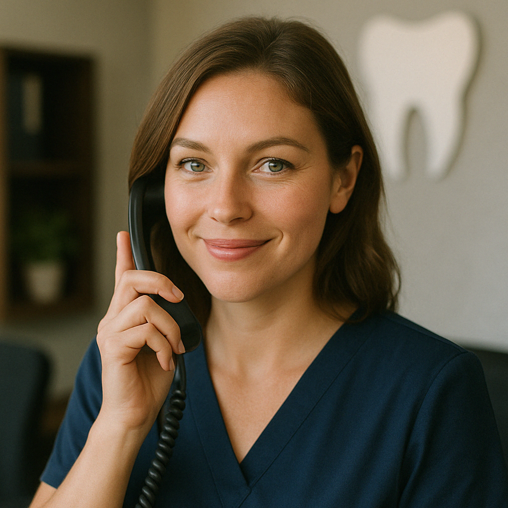 Female receptionist at desk answering phone